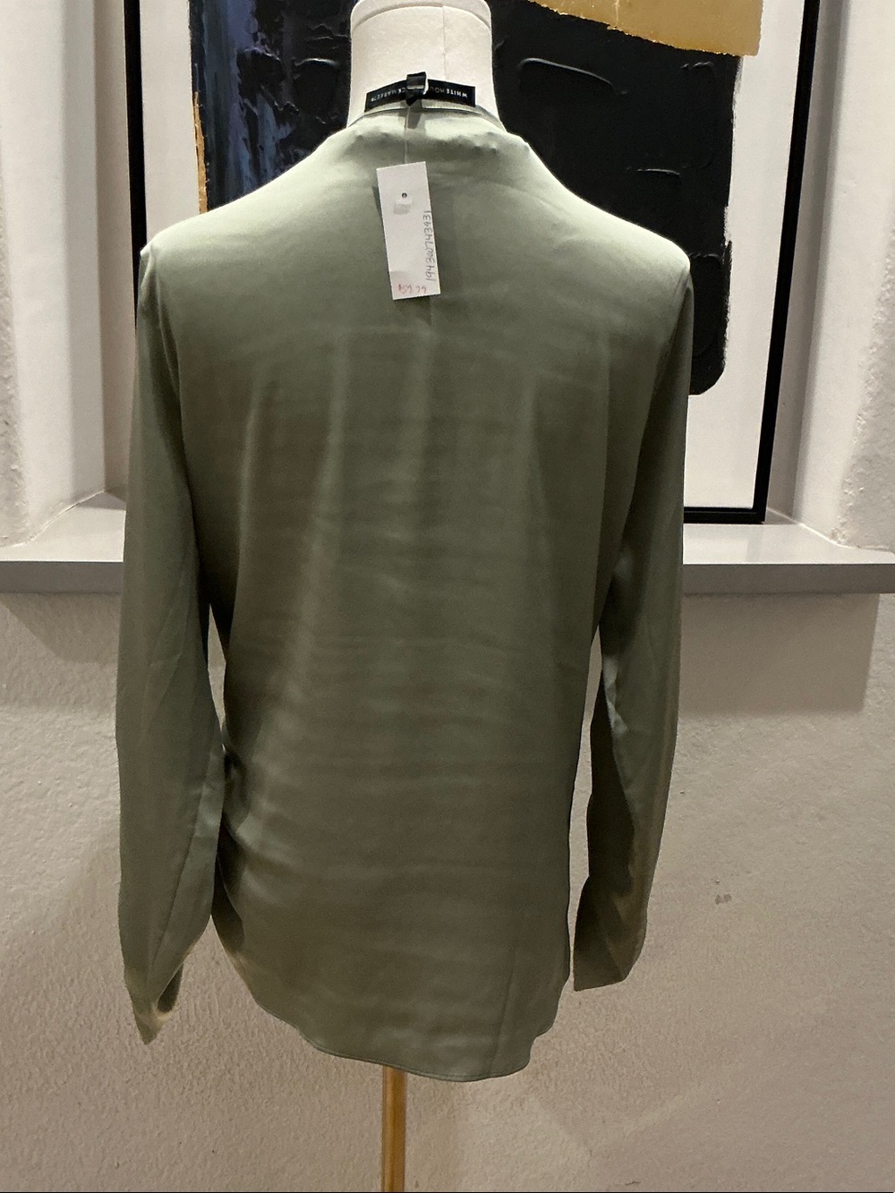 White House Black Market Sage Green Satin Wrap-Style Blouse - Picture 4 of 5